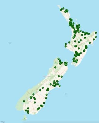 Map of New Zealand with green pins marking towns as-built by X3